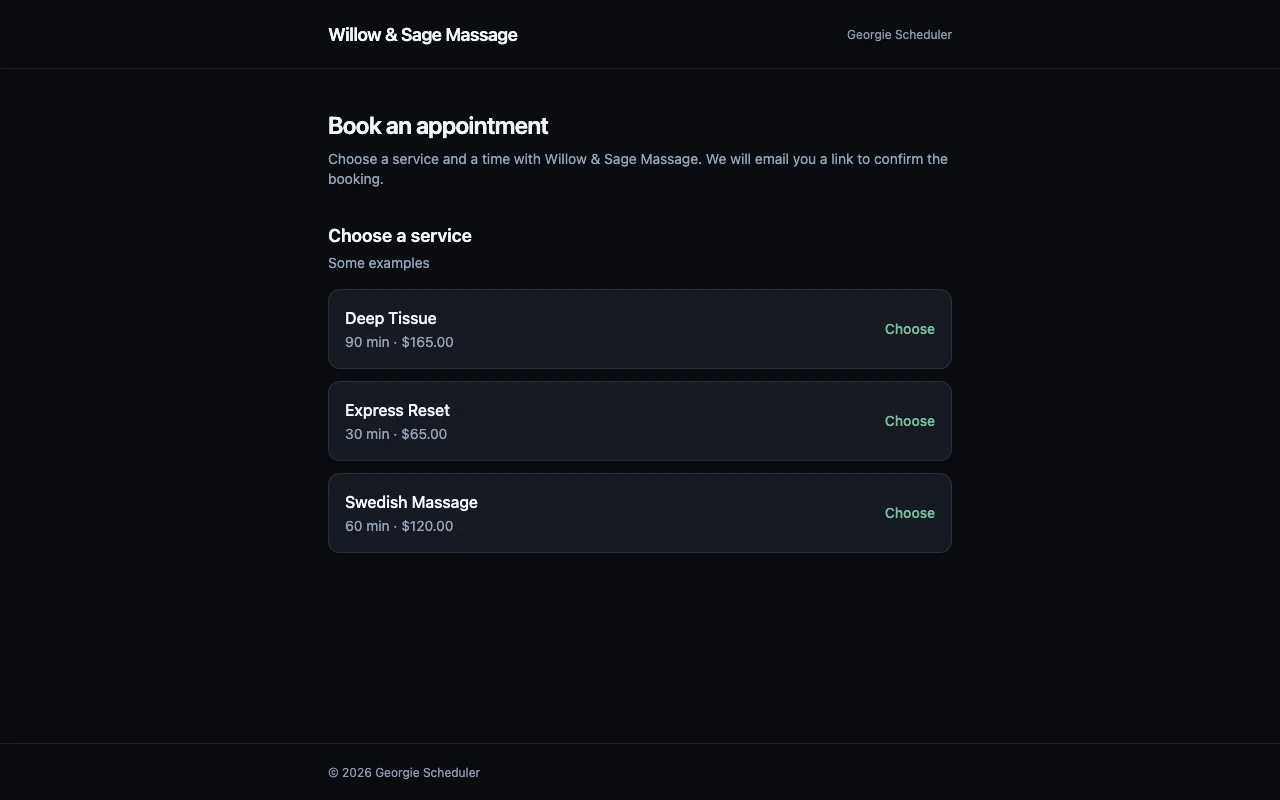 The booking flow: a client chooses a service, picks a time, and reaches the confirmation screen.