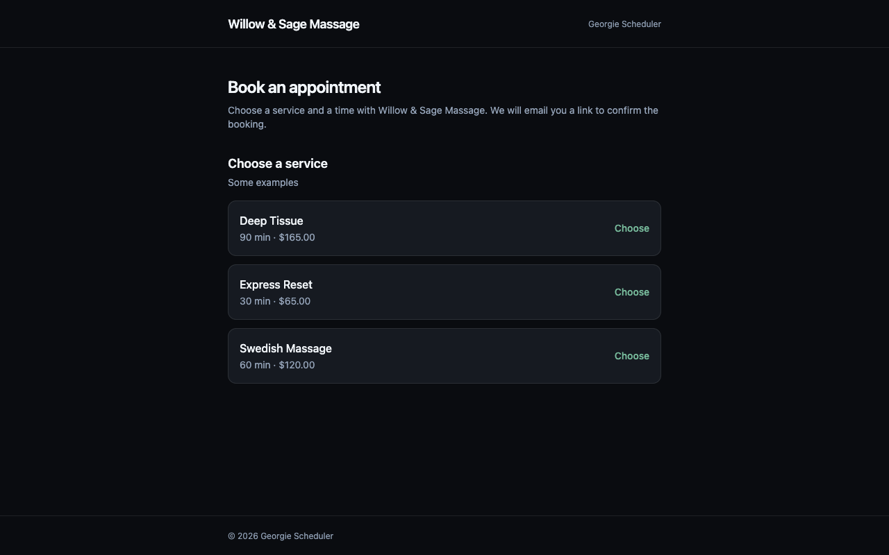 The booking flow: a client chooses a service, picks a time, and reaches the confirmation screen.