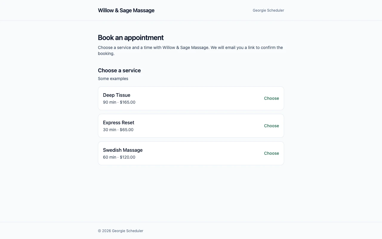 The booking flow: a client chooses a service, picks a time, and reaches the confirmation screen.