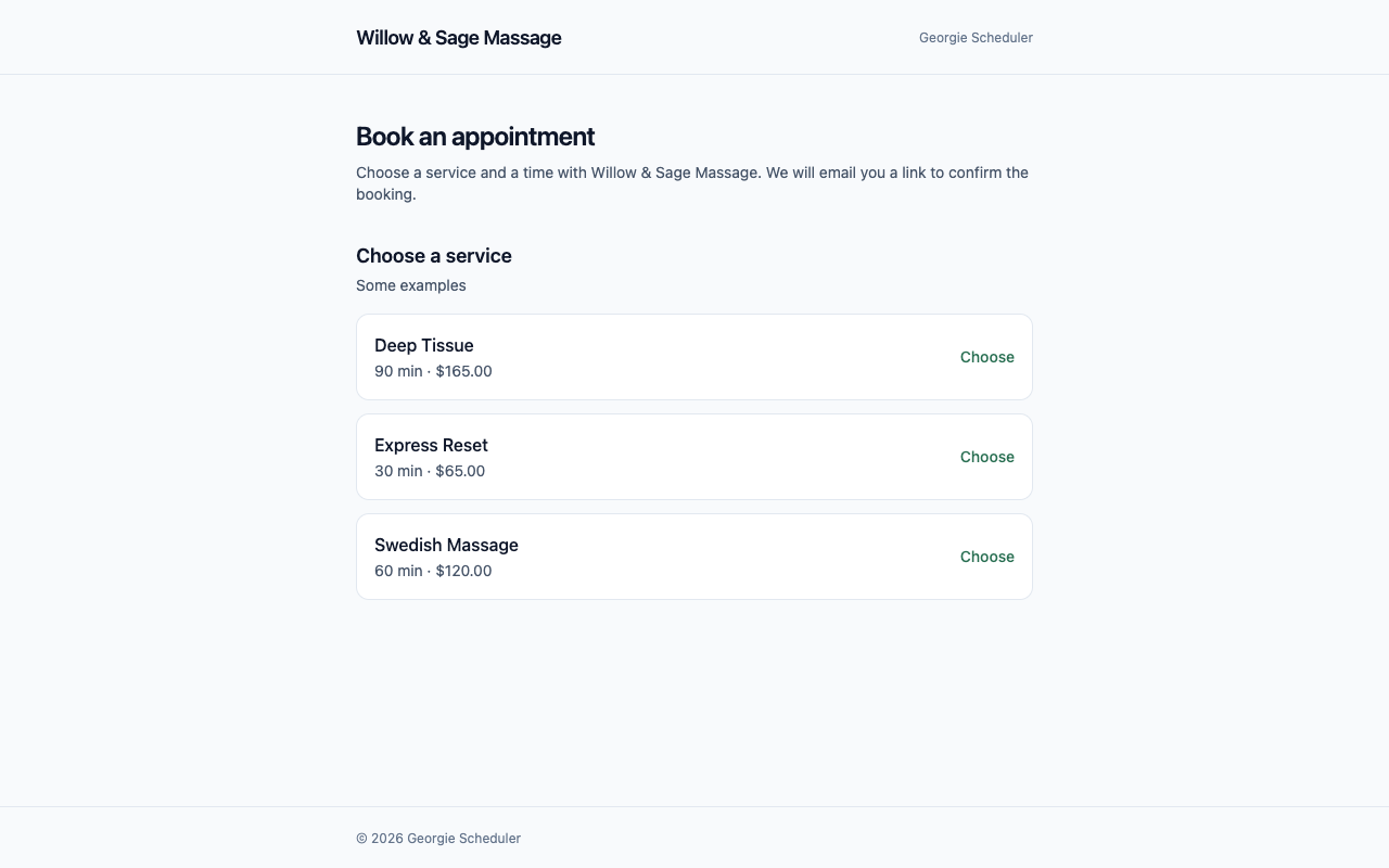 The booking flow: a client chooses a service, picks a time, and reaches the confirmation screen.