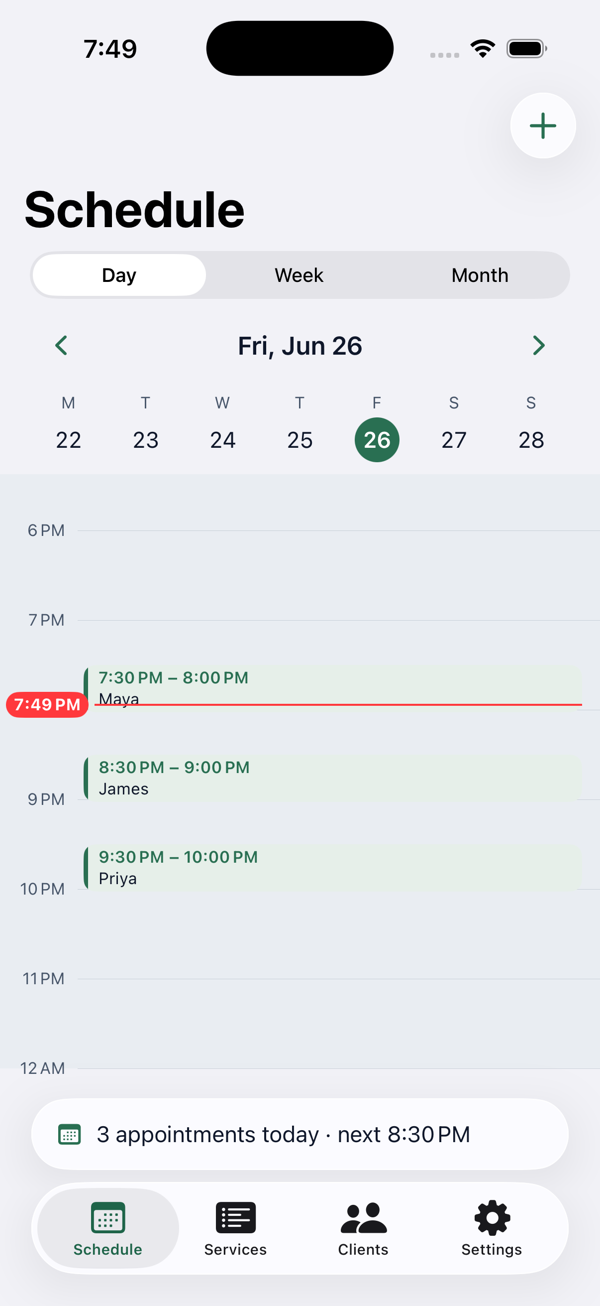 The Georgie iOS app showing the day's schedule.